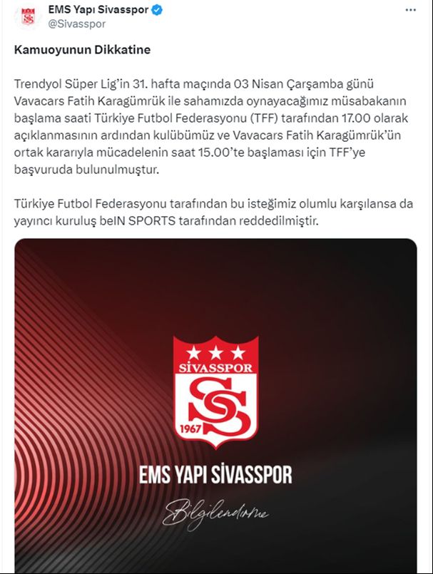 Sivasspor'dan yayıncı kuruluşa maç saati isyanı! 