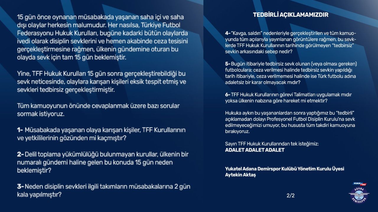 Adana Demirspor'dan Trabzonspor - Fenerbahçe tepkisi! TFF'ye 6 soru yöneltildi Adana Demirspor'dan Trabzonspor - Fenerbahçe tepkisi! TFF'ye 6 soru yöneltildi - 1. Resim