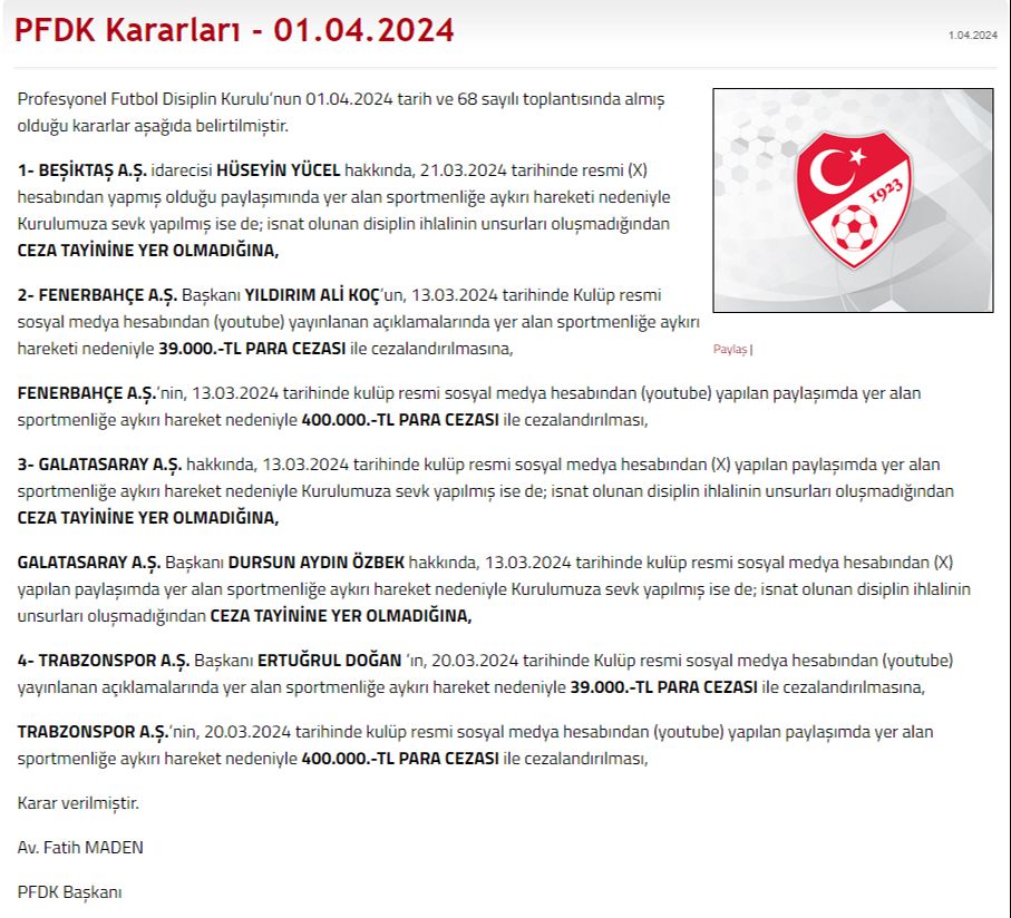 PFDK açıklamaları peş peşe! Önce sevkler sonra da kararlar açıklandı! Ali Koç ve Dursun Özbek... PFDK açıklamaları peş peşe! Önce sevkler sonra da kararlar açıklandı! Ali Koç ve Dursun Özbek... - 1. Resim