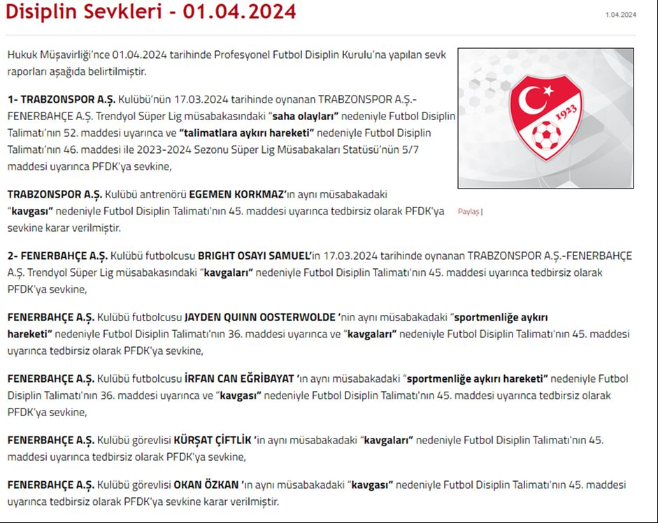 Trabzonspor-Fenerbahçe maçının PFDK sevkleri açıklandı! İşte olaylı derbinin faturası Trabzonspor-Fenerbahçe maçının PFDK sevkleri açıklandı! İşte merakla beklenen o sevkler - 2. Resim