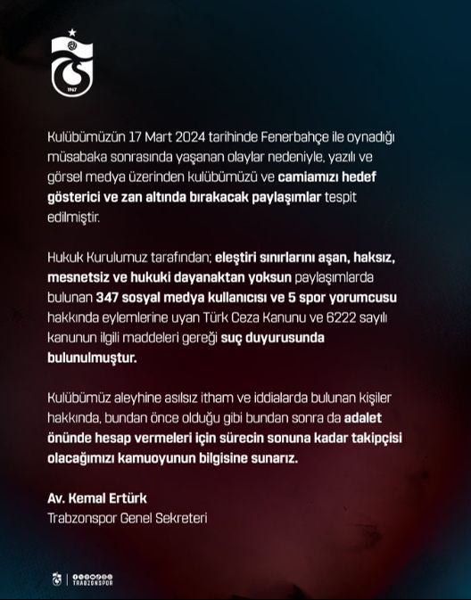 Trabzonspor'dan suç duyurusu açıklaması! Fenerbahçe kongresi öncesi duyurdu Trabzonspor'dan suç duyurusu açıklaması! Fenerbahçe kongresi öncesi duyurdu - 1. Resim