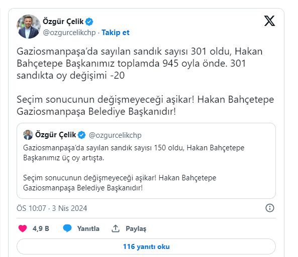Gaziosmanpaşa oy sayımında son durum! CHP 301 sandıkta 945 oyla önde Gaziosmanpaşa oy sayımında son durum! CHP 301 sandıkta 945 oyla önde - 2. Resim