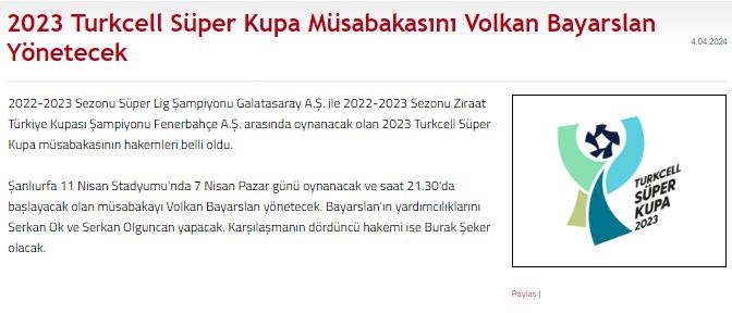 Süper Kupa maçının hakemi belli oldu - 1. Resim