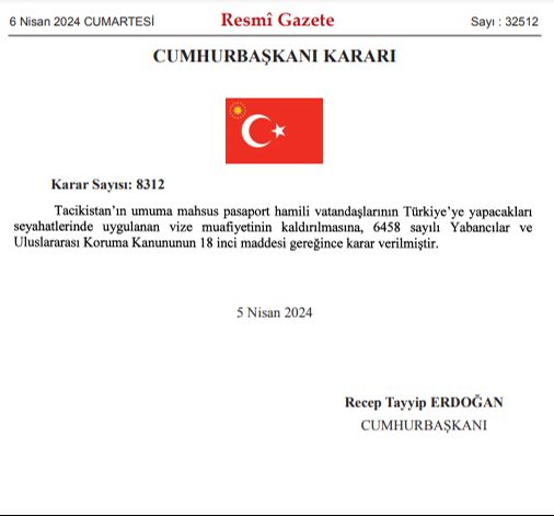 Erdoğan'dan Moskova saldırısı sonrası kritik karar! Tacikistan vatandaşları için vize muafiyeti kaldırıldı Erdoğan'dan Moskova saldırısı sonrası kritik karar! Tacikistan vatandaşları için vize muafiyeti kaldırıldı - 1. Resim