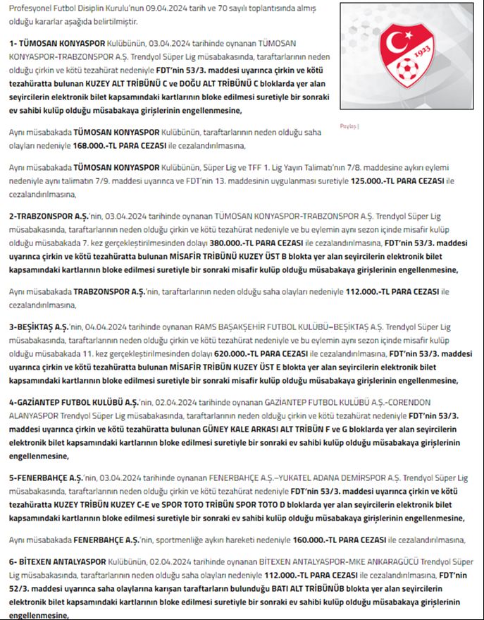 PFDK faturayı kesti! Fenerbahçe, Beşiktaş ve Trabzonspor'a para cezası PFDK faturayı kesti! Fenerbahçe, Beşiktaş ve Trabzonspor'a para cezası - 1. Resim