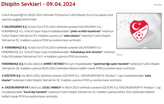 Süper Kupa sevkleri açıklandı! Galatasaray ve Fenerbahçe PFDK'ya sevk edildi Süper Kupa sevkleri açıklandı! Galatasaray ve Fenerbahçe PFDK'ya sevk edildi - 1. Resim