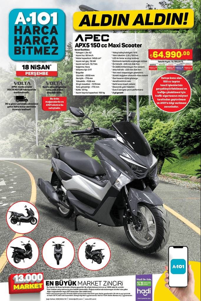A101'de 18 Nisan Perşembe günü Apec APX5 150 cc Maxi Scooter 64,990 TL fiyatla satışa sunulacak A101'de 18 Nisan Perşembe günü Apec APX5 150 cc Maxi Scooter 64,990 TL fiyatla satışa sunulacak - 1. Resim