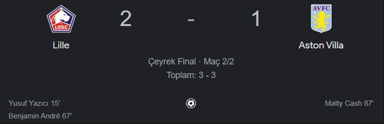 Lille Aston Villa maçı 4-3’lük Aston Villa'nın penaltı atışları üstünlüğü ile bitti! Aston Villa yarı finale çıktı Lille Aston Villa maçı 2-1’lik eşitlikle Lille üstünlüğü ile devam ediyor! Maç uzatmalara gitti - 1. Resim