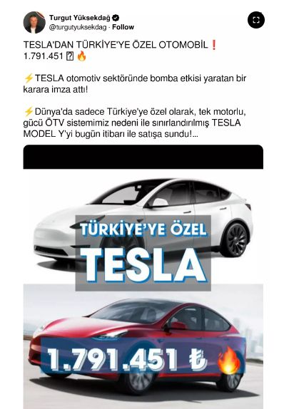 Tesla Model Y Türkiye'de satışa çıktı! 1 milyon 791 bin 451 lira başlangıç fiyatı ve 50 bin TL kapora ile alınacak Tesla Model Y Türkiye'de satışa çıktı! 1 milyon 791 bin 451 lira başlangıç fiyatı ve 50 bin TL kapora ile alınacak - 1. Resim