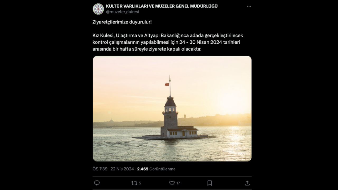 Kontrol çalışmaları sebebi ile Kız Kulesi 1 hafta kapalı olacak Kontrol çalışmaları sebebi ile Kız Kulesi 1 hafta kapalı olacak - 1. Resim