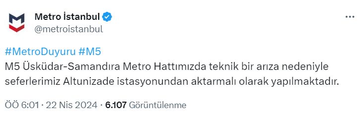 M5 Üsküdar-Samandıra metro hattında teknik arıza nedeniyle seferler Altunizade istasyonundan aktarmalı yapılıyor - 1. Resim