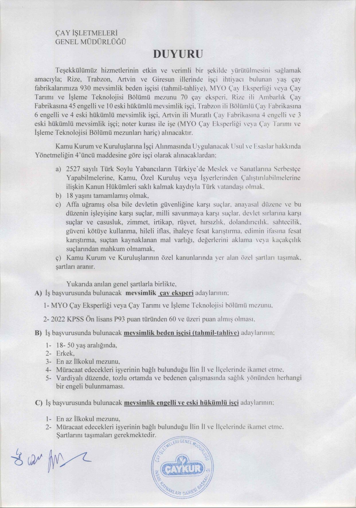 Çaykur 1072 işçi alımı başvuruları 26 - 30 Nisan arasında yapılacak - 2. Resim