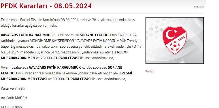 PFDK'dan Karagümrüklü Sofiane Feghouli'ye 5 maç ceza PFDK'dan Karagümrüklü Sofiane Feghouli'ye 5 maç ceza - 1. Resim
