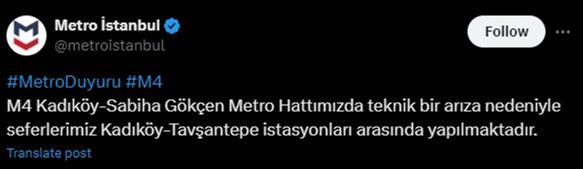 M4 Kadıköy-Sabiha Gökçen metro hattındaki arızadan dolayı seferler Kadıköy-Tavşantepe istasyonlarında yapılacak M4 Kadıköy-Sabiha Gökçen metro hattındaki arızadan dolayı seferler Kadıköy-Tavşantepe aralığında yapılacak - 1. Resim