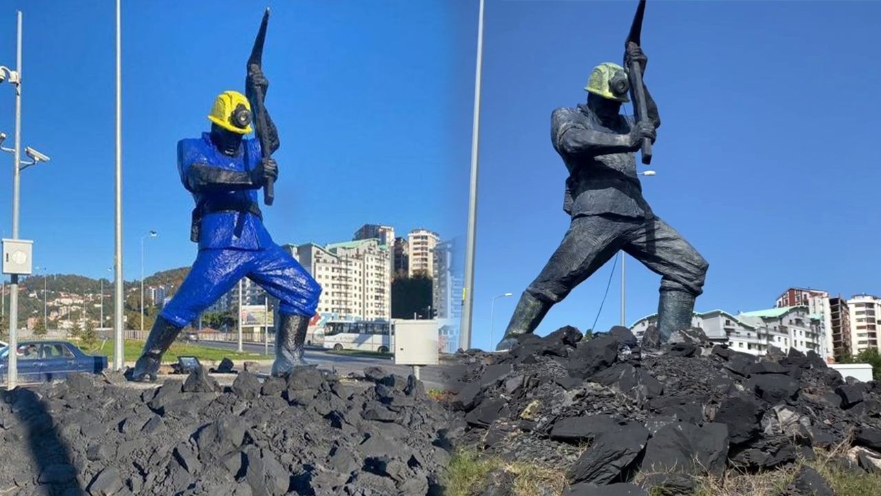 Maviye boyanması tepki çekmişti! Madenci heykelinin boyaları söküldü