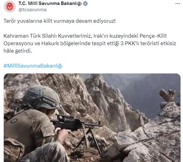 Pençe-Kilit Operasyonu ve Hakurk bölgelerinde 3 PKK'lı terörist etkisiz hale getirildi Pençe-Kilit Operasyonu ve Hakurk bölgelerinde 3 PKK'lı terörist etkisiz hale getirildi - 1. Resim