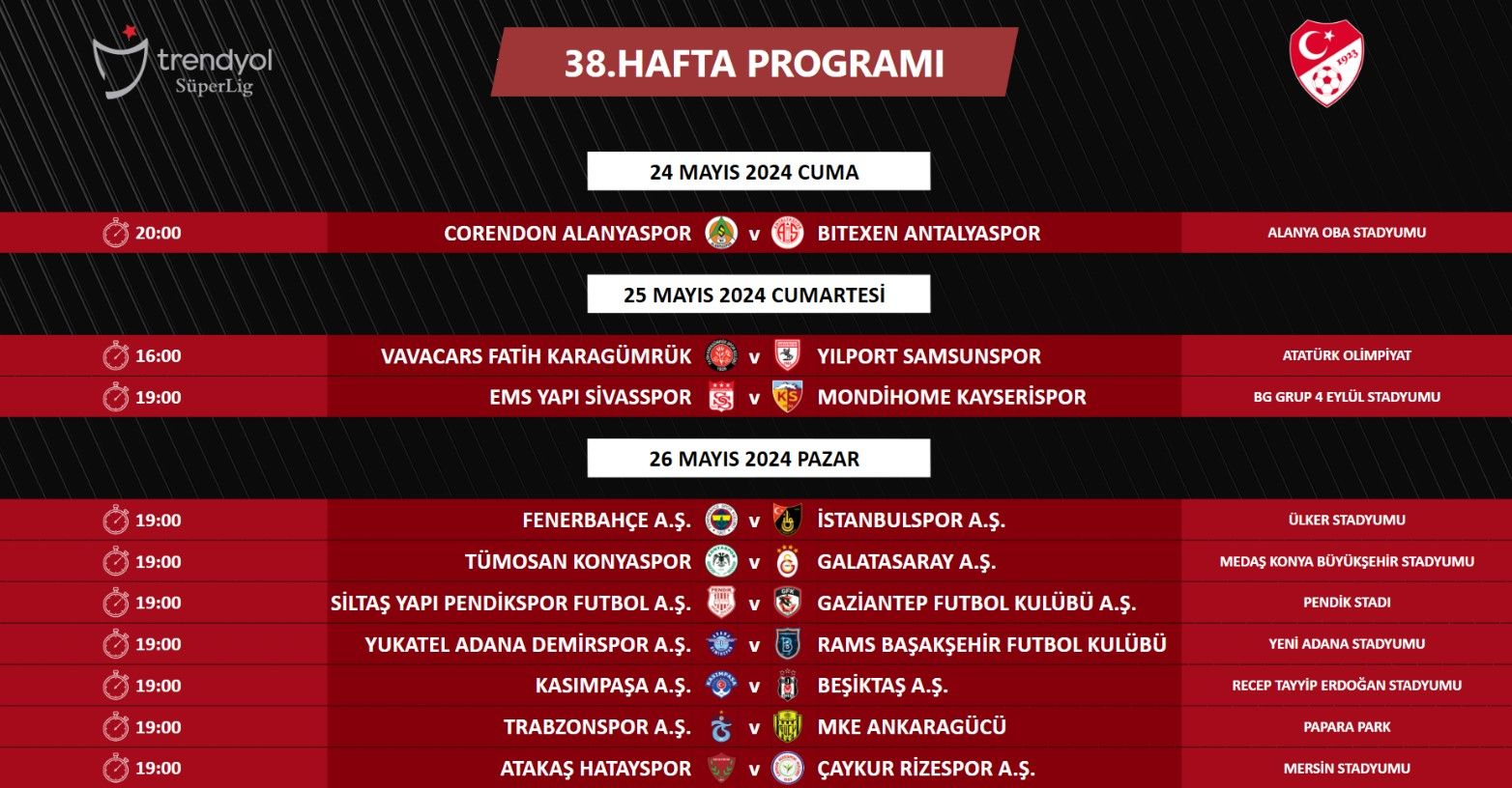 Süper Lig şampiyonunun belli olacağı Galatasaray ve Fenerbahçe'nin maçları 26 Mayıs günü 19.00'da oynanacak Süper Lig şampiyonunun belli olacağı Galatasaray ve Fenerbahçe'nin maçları 26 Mayıs günü 19.00'da oynanacak - 1. Resim