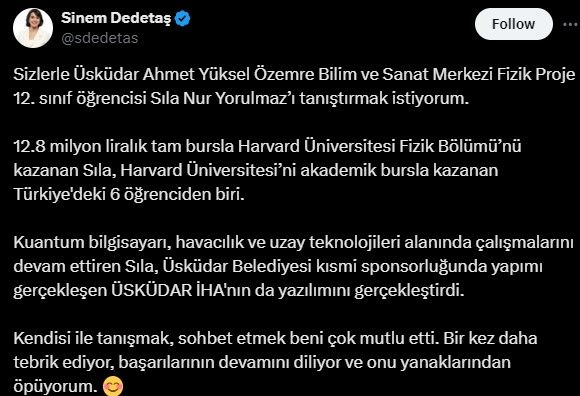 Sıla Nur Yorulmaz Harvard yolunda! Tam bursla Fizik Bölümü’nü kazandı Tam bursla Harvard Üniversitesi Fizik Bölümü’nü kazanan Sıla Nur Yorulmaz, Türkiye'deki 6 öğrenciden bir tanesi oldu - 1. Resim