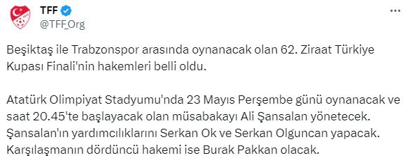 Ziraat Türkiye Kupası finalindeki Beşiktaş-Trabzonspor maçını yönetecek hakem belli oldu Ziraat Türkiye Kupası finalindeki Beşiktaş-Trabzonspor maçını yönetecek hakem belli oldu - 1. Resim