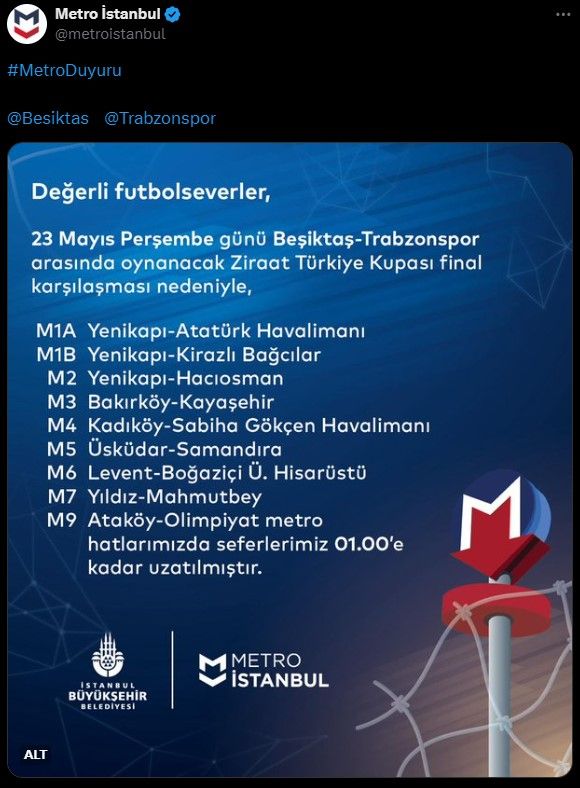 Bu akşam (23 Mayıs) M5, M6, M7, M9 Ataköy -  İkitelli metroları 01.00'e kadar hizmet vermeye devam edecek Bu akşam (23 Mayıs) M5, M6, M7, M9 Ataköy -  İkitelli metroları 01.00'e kadar hizmet vermeye devam edecek - 1. Resim