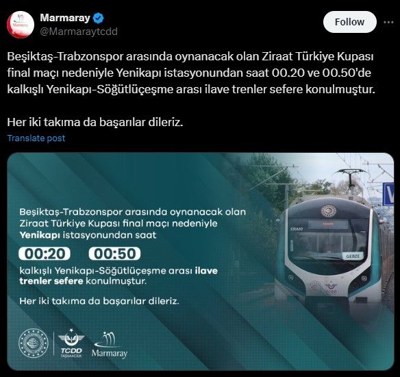 Bugün (23 Mayıs) ZTK nedeniyle Yenikapı-Söğütlüçeşme arası 00.20 ve 00.50'de kalkacak olan ilave seferler eklendi Bugün (23 Mayıs) ZTK nedeniyle Yenikapı-Söğütlüçeşme arası 00.20 ve 00.50'de kalkacak olan ilave seferler eklendi - 1. Resim