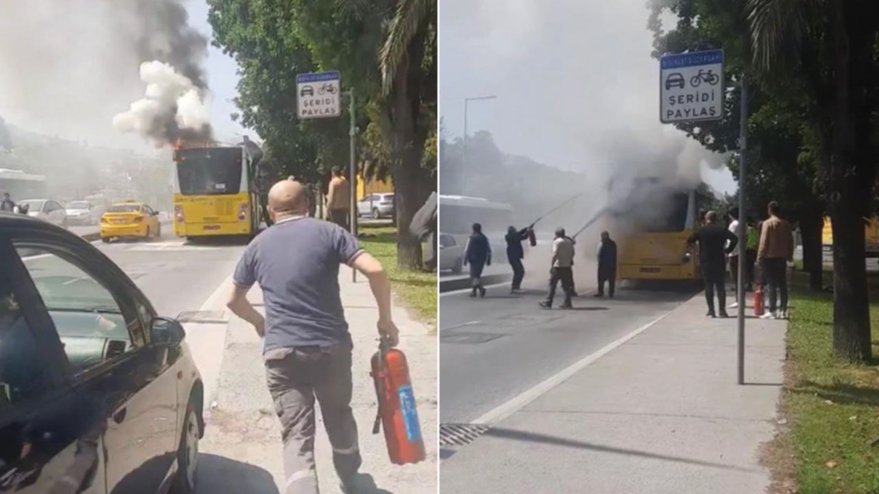 Kağıthane&#039;de seyir halindeyken yanan İETT otobüsü kullanılamaz hale geldi