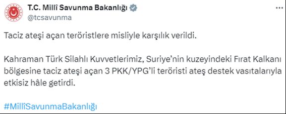 Suriye'nin kuzeyindeki Fırat Kalkanı bölgesinde 3 PKK'lı terörist etkisiz hale getirildi Suriye'nin kuzeyindeki Fırat Kalkanı bölgesinde 3 PKK'lı terörist etkisiz hale getirildi - 1. Resim