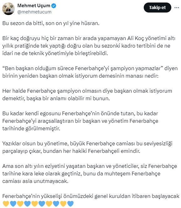 Cumhurbaşkanı Başdanışmanı Mehmet Uçum'dan Ali Koç'a sert tepki: Fenerbahçe tarihine kara leke olarak geçtiniz Cumhurbaşkanı Başdanışmanı Mehmet Uçum'dan Ali Koç'a sert tepki: Fenerbahçe tarihine kara leke olarak geçtiniz - 2. Resim