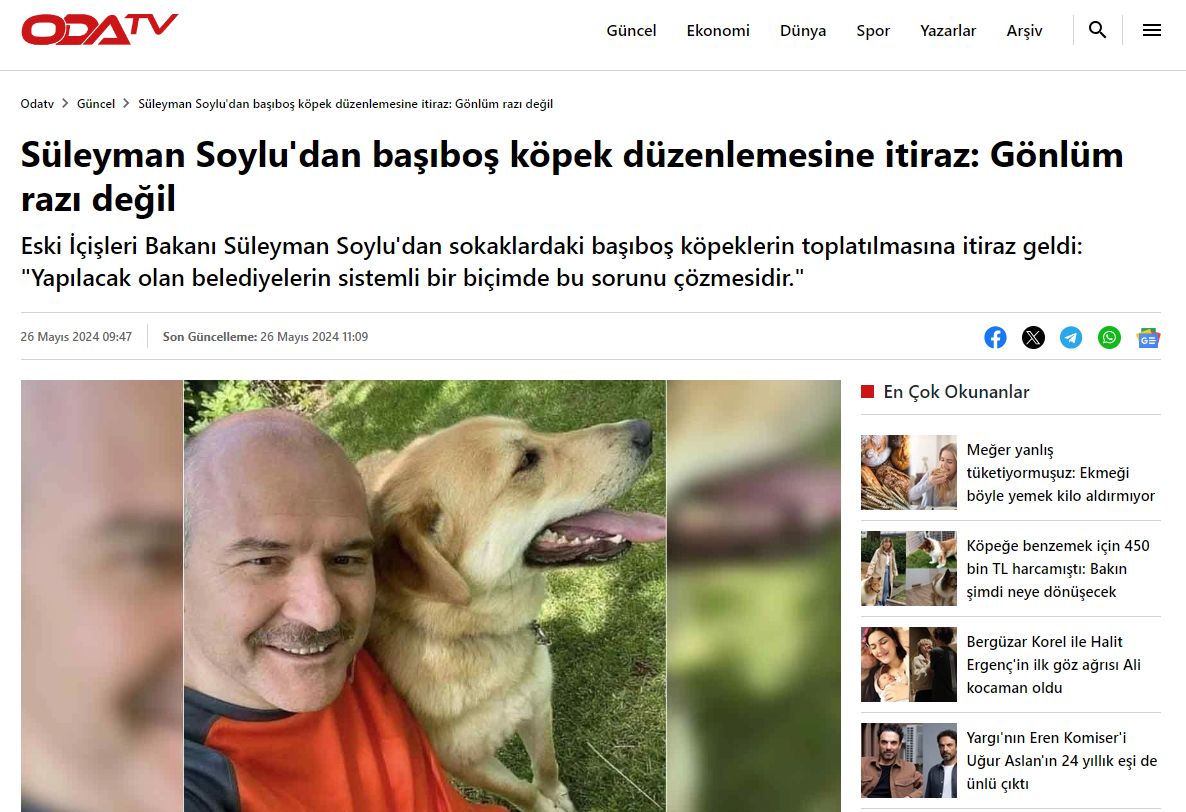 OdaTV'nin S&uuml;leyman Soylu hakkında yaptığı habere yalanlama! Sahipsiz k&ouml;pekler hakkında konuştu mu? - 1. Resim