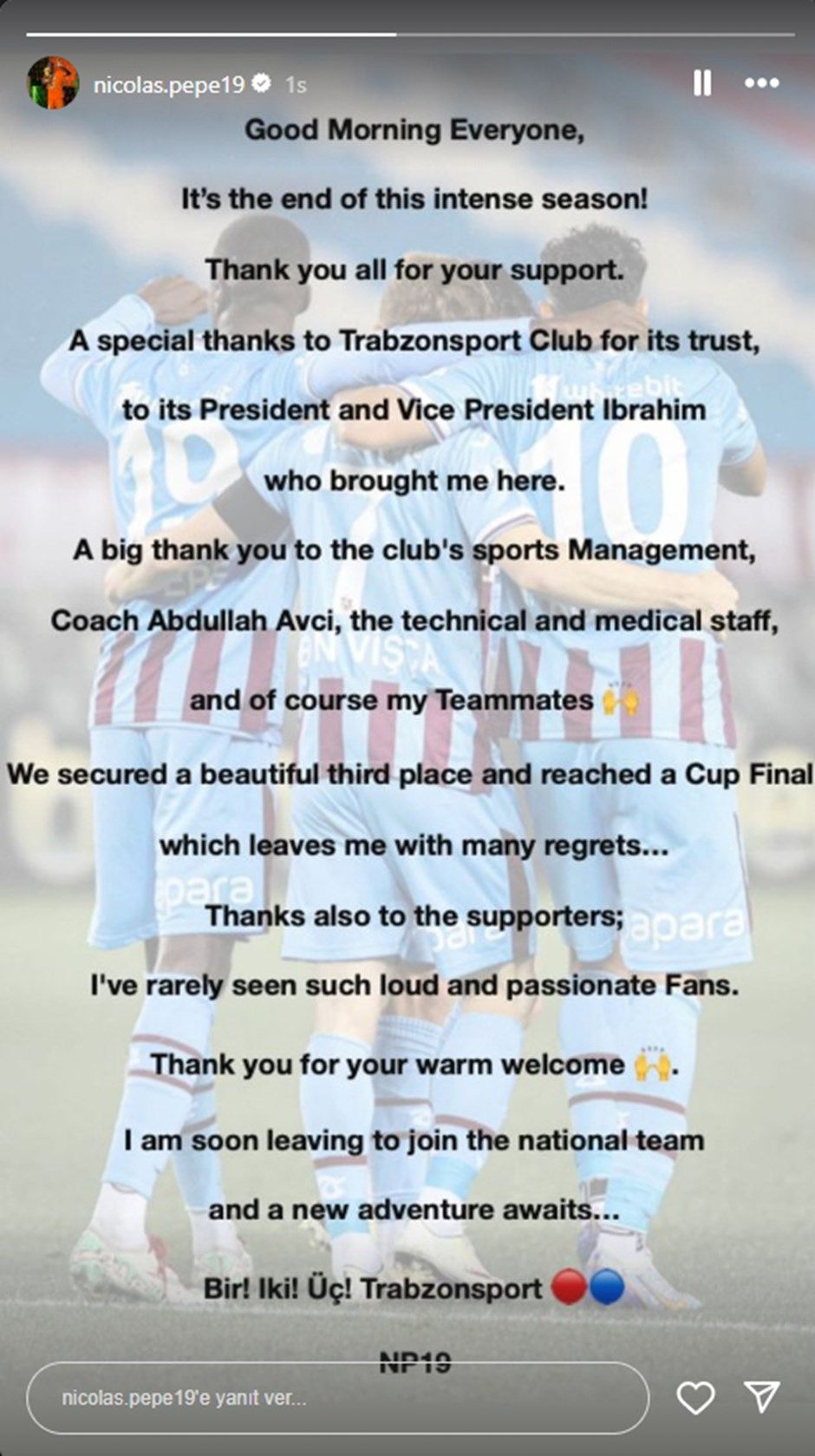 Trabzonspor'da Nicolas Pepe takımdan ayrıldığını açıkladı - 1. Resim