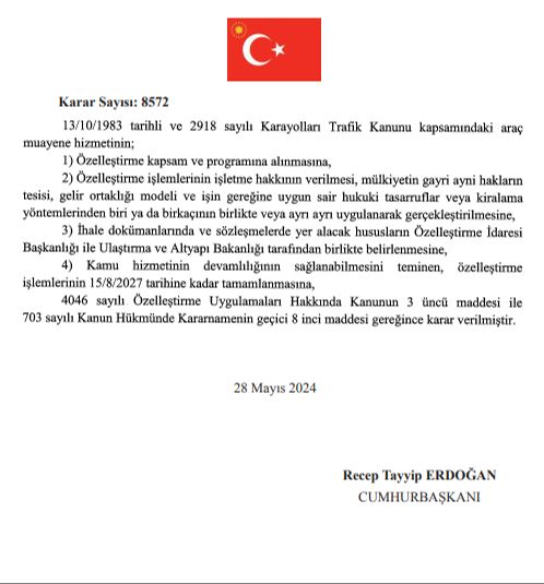 Karar Resmi Gazete'de! Araç muayene hizmeti tekrar özelleştiriliyor Araç muayene hizmetleri özelleştirme kapsam ve programına alındı  - 1. Resim