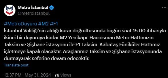 Yenikapı-Hacıosman metro hattının Taksim, Şişhane istasyonları ve F1 Taksim-Kabataş Füniküleri 15.00'ten sonra kapalı olacak Yenikapı-Hacıosman metro hattının Taksim, Şişhane istasyonları ve F1 Taksim-Kabataş Füniküler 15.00'ten sonra kapalı olacak - 1. Resim