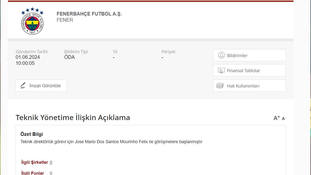 Bir rüya gerçekleşiyor! Fenerbahçe, Mourinho ile görüşmelerin başlandığını KAP'a bildirdi - 1. Resim
