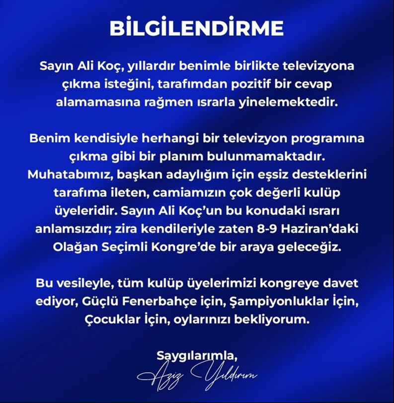 Aziz Yıldırım'dan Fenerbahçe Başkanı Ali Koç'a televizyon cevabı - 2. Resim