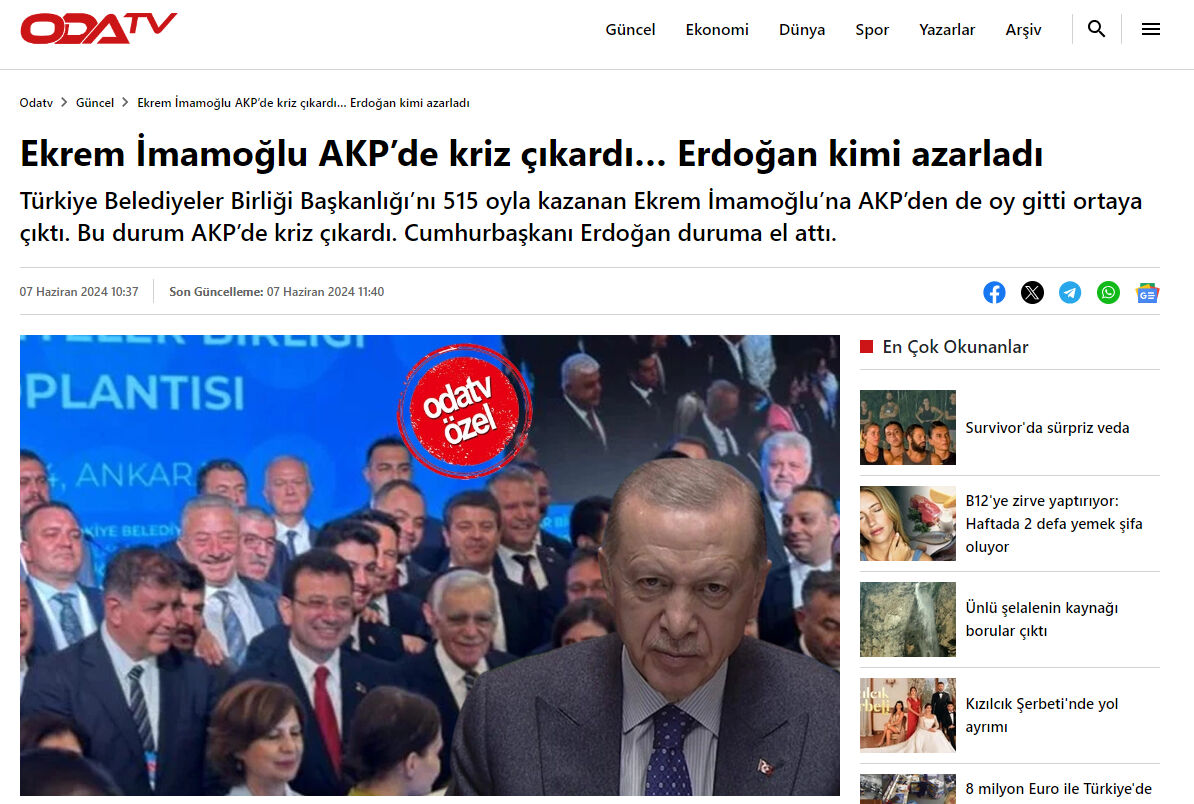 Oda TV'nin 'Ekrem İmamoğlu AKP’de kriz çıkardı... Erdoğan kimi azarladı' haberine sert tepki - 1. Resim