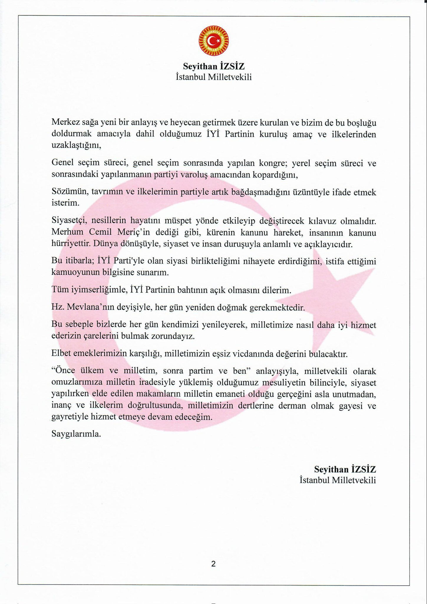 İYİ Parti İstanbul Milletvekili Seyithan İzsiz istifa etti ve partinin vekil sayısı 35 düştü - 2. Resim