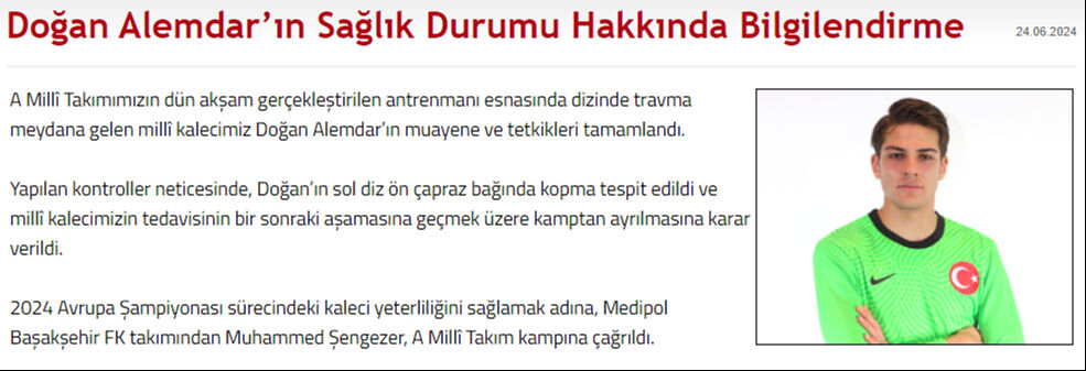 Türkiye A Milli Takımı'nda Çekya maçı öncesi şoke eden kaleci Doğan Alemdar sakatlığı! Sol diz ön çapraz bağında kopma Türkiye A Milli Takımı'nda Çekya maçı öncesi şoke eden kaleci sakatlığı! Sol diz ön çapraz bağında kopma - 1. Resim