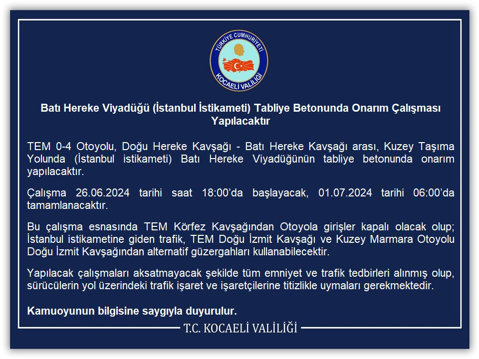 Kocaeli Valiliği duyurdu! TEM Otoyolu Hereke girişi 1 Temmuz'a kadar trafiğe kapatıldı Kocaeli Valiliği duyurdu! TEM Otoyolu Hereke girişi 1 Temmuz'a kadar trafiğe kapatıldı - 1. Resim