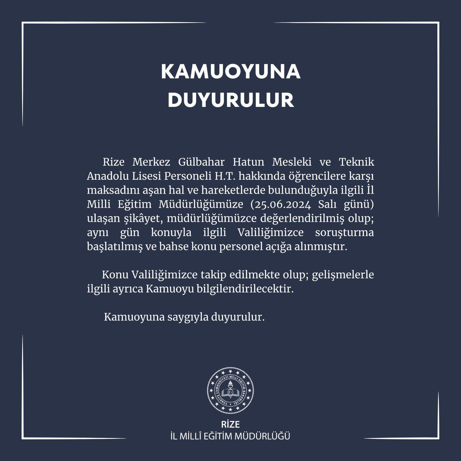 Rize'de kız meslek lisesinde skandal! Öğrencilere yaptığı hareketin ardından açığa alındı Rize'de kız meslek lisesinde maksadını aşan hal ve hareket iddiasıyla bir kişi hakkında soruşturma başlatıldı - 1. Resim