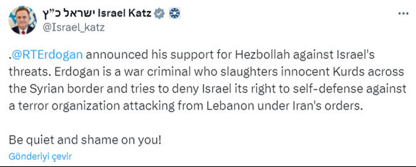 Türkiye'den Cumhurbaşkanı Erdoğan hakkında küstah açıklamalarda bulunan İsrailli Bakan Katz'a sert tepki Türkiye'den Cumhurbaşkanı Erdoğan hakkında küstah açıklamalarda bulunan İsrailli Bakan Katz'a sert tepki - 1. Resim