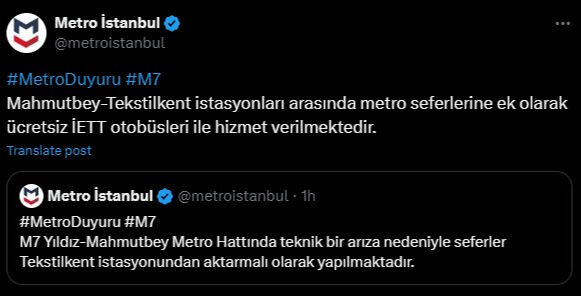 Mahmutbey - Yıldız M7 metrosunda yaşanan sorun nedeniyle seferler Tekstilkent'ten aktarmalı yapılıyor - 2. Resim