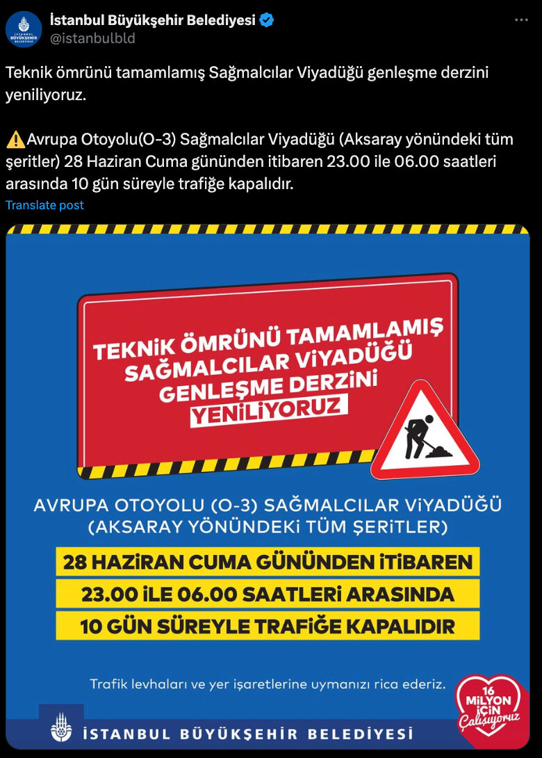 Sağmalcılar Viyadüğü Aksaray yönü 23.00 ile 06.00 aralığında trafiğe kapalı olacak - 1. Resim