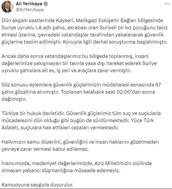 Bakan Yerlikaya'dan Kayseri'deki olaylara ilişkin açıklama: 67 kişi gözaltında! Bakan Yerlikaya'dan Kayseri'deki olaylara ilişkin açıklama: 67 kişi gözaltında! - 1. Resim