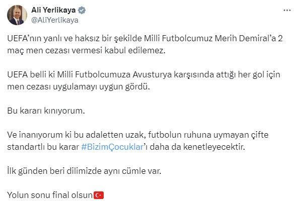 İçişleri Bakanı Ali Yerlikaya'dan Merih Demiral'a ceza veren UEFA'ya tepki: Yanlı ve haksız ceza kabul edilemez İçişleri Bakanı Ali Yerlikaya'dan Merih Demiral'a ceza veren UEFA'ya tepki: Yanlı ve haksız ceza kabul edilemez - 1. Resim