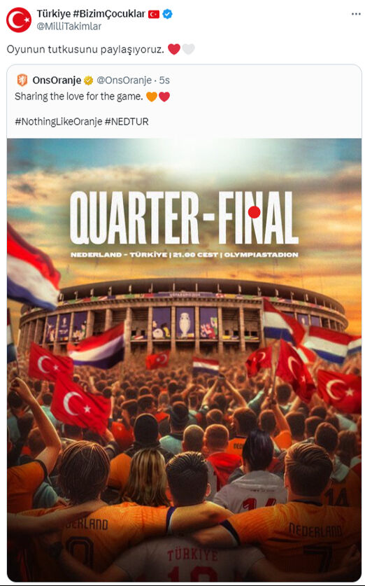 Çeyrek final öncesi Türkiye ve Hollanda'dan dikkat çeken paylaşımlar! Hollanda paylaştı Türkiye alıntıladı! Çeyrek final öncesi dikkat çeken paylaşım - 2. Resim