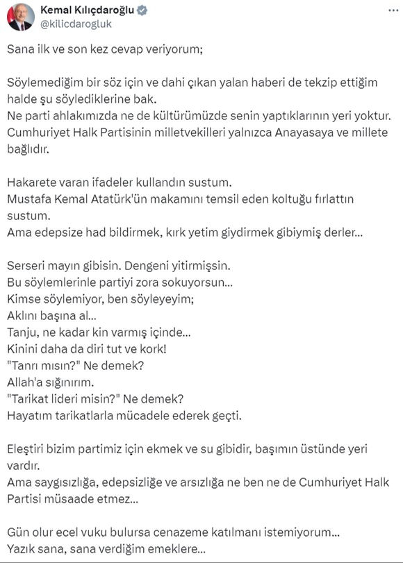 Kemal Kılıçdaroğlu'ndan Tanju Özcan'ın 