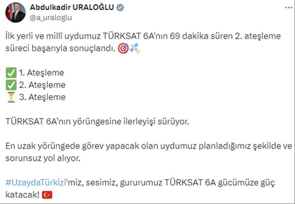 Türkiye'nin gözdesi Türksat 6A'nın ikinci ateşleme süreci başarıyla tamamlandı Türkiye'nin gözdesi Türksat 6A'nın ikinci ateşleme süreci başarıyla tamamlandı - 1. Resim