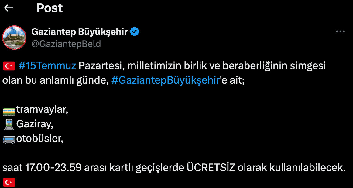 Gaziantep’te bugün 17.00 ile 24.00 aralığında toplu taşımalar ücretsiz hizmet verecek Gaziantep’te bugün 17.00 ile 24.00 aralığında toplu taşımalar ücretsiz hizmet verecek - 2. Resim