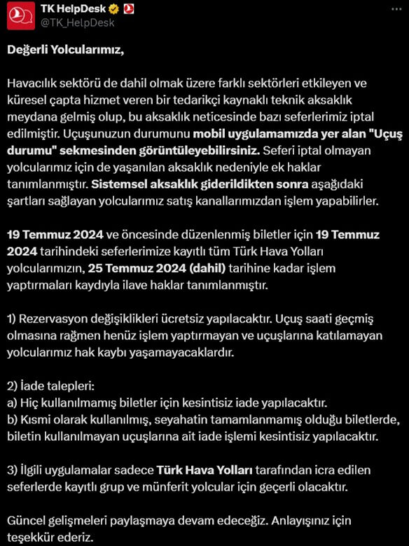 THY, dünya çapında yaşanan aksaklık nedeniyle bazı uçuşlarını iptal etti - 1. Resim