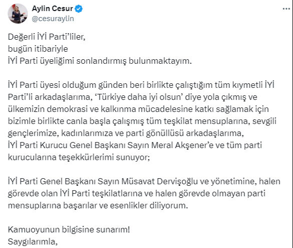 Aylin Cesur, yaprak dökümünün devam ettiği İYİ Parti'den istifa etti! Meral Akşener detayı dikkat çekti Aylin Cesur yaprak dökümünün devam ettiği İYİ Parti'den istifa etti! Meral Akşener detayı dikkat çekti - 2. Resim